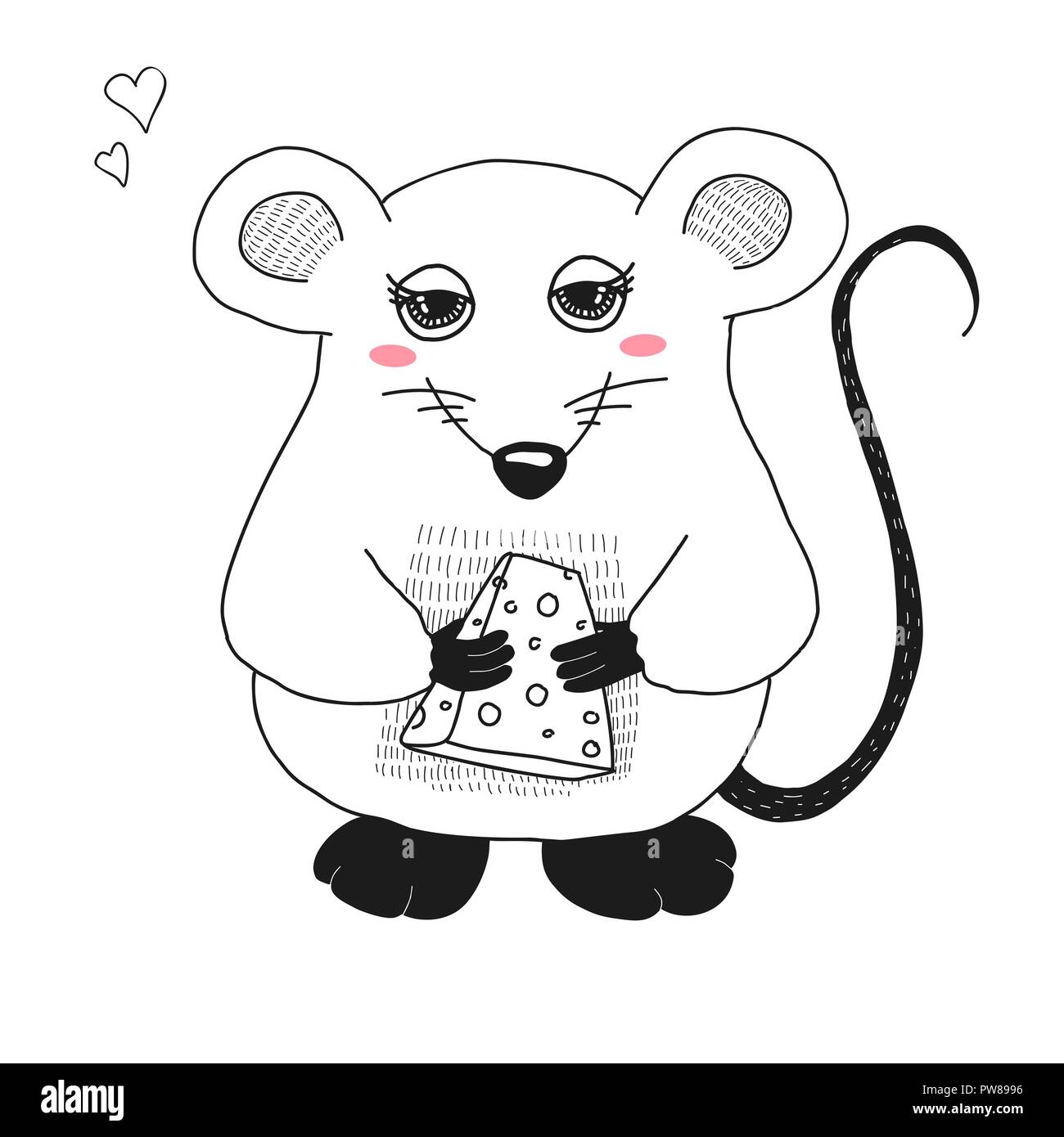 Sketch cartoon mouse. Rat isolated on white background. Vector Stock Vector