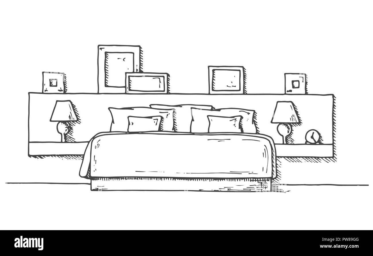 Hand drawn sketch. Linear sketch of an interior. Sketch Line bedrooms