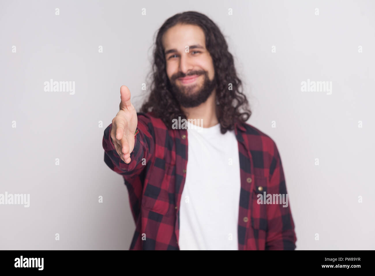 Happy Smiley Handsome Man With Beard And Black Long Curly Hair In Casual Style Checkered Red 5348