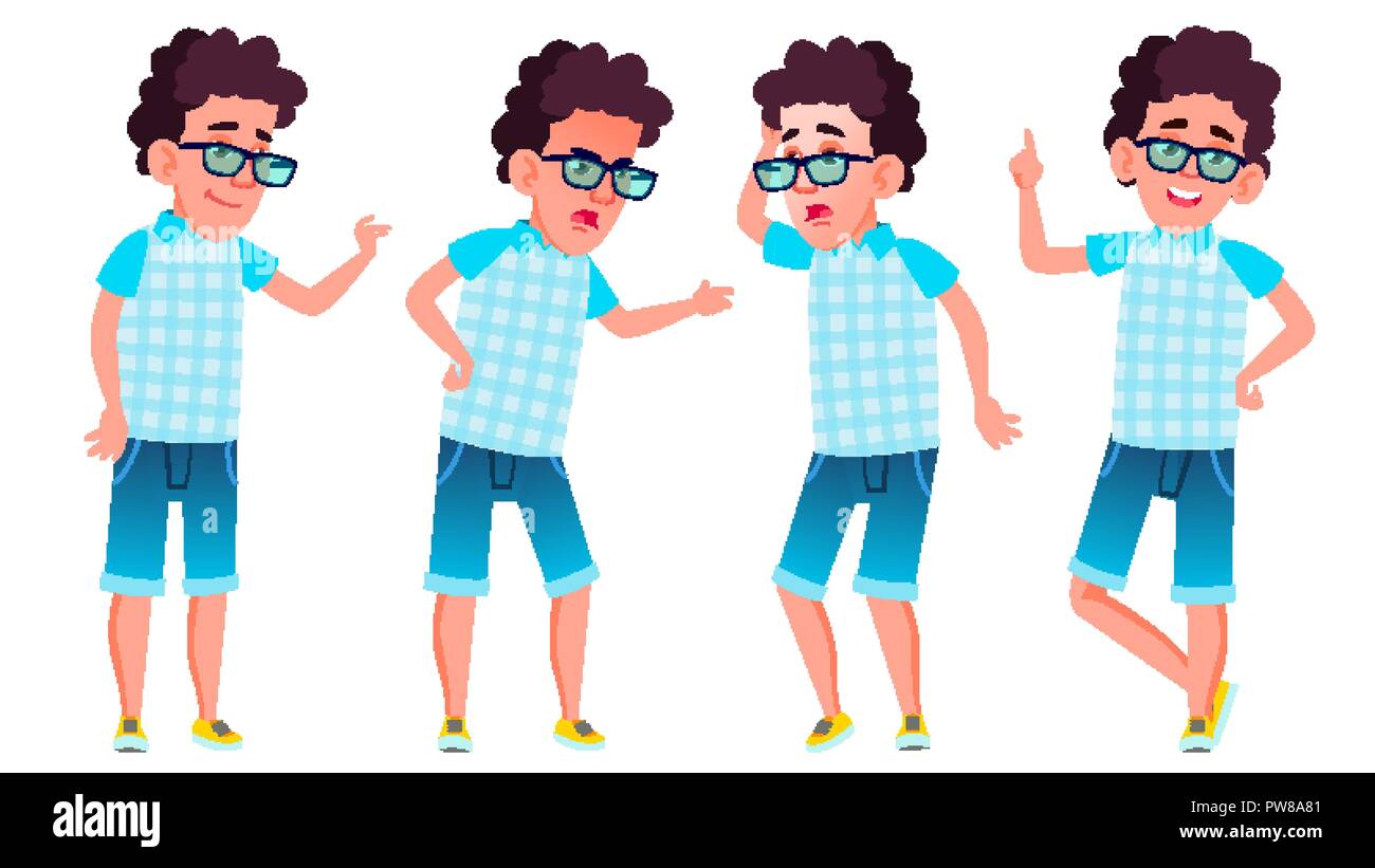 Boy Schoolboy Kid Poses Set Vector. High School Child. Child Pupil ...