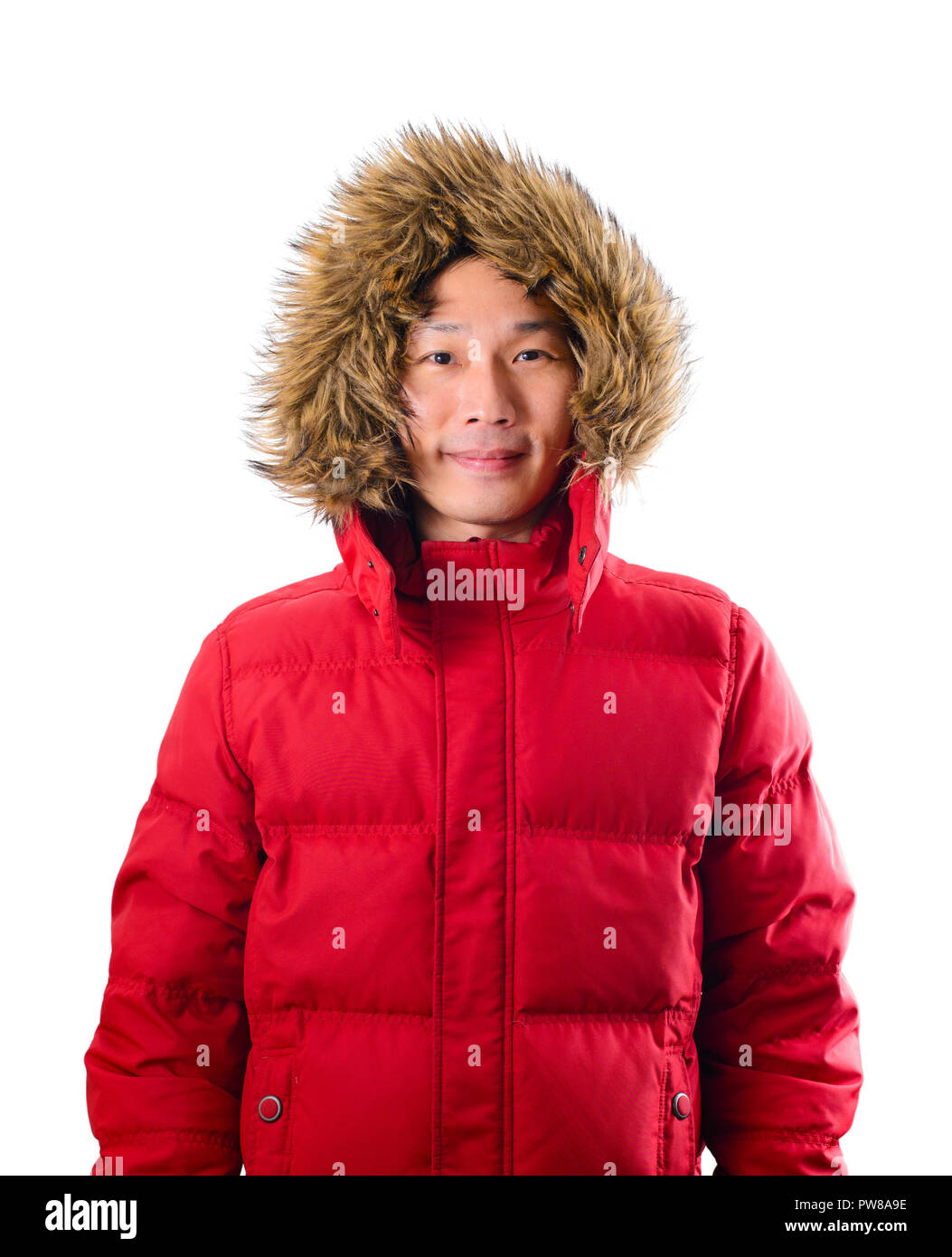 Portrait asian man wearing overcoat with standing on white background Stock Photo