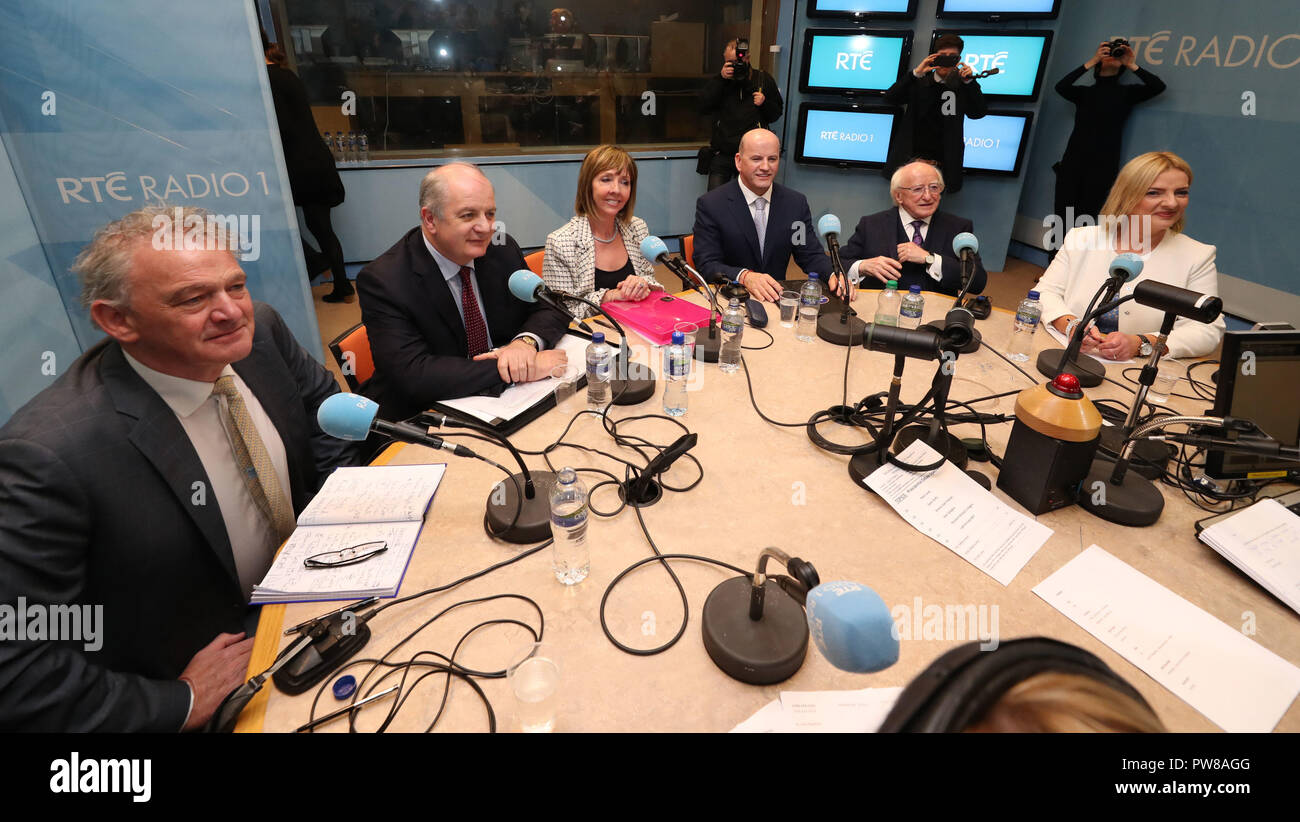 (Left to right) Peter Casey, Gavin Duffy, Joan Freeman, Sean Gallagher, Michael D Higgins and Liadh Ni Riada gather for the first live presidential campaign debate between all six candidates at RTE Radio in Dublin. Stock Photo
