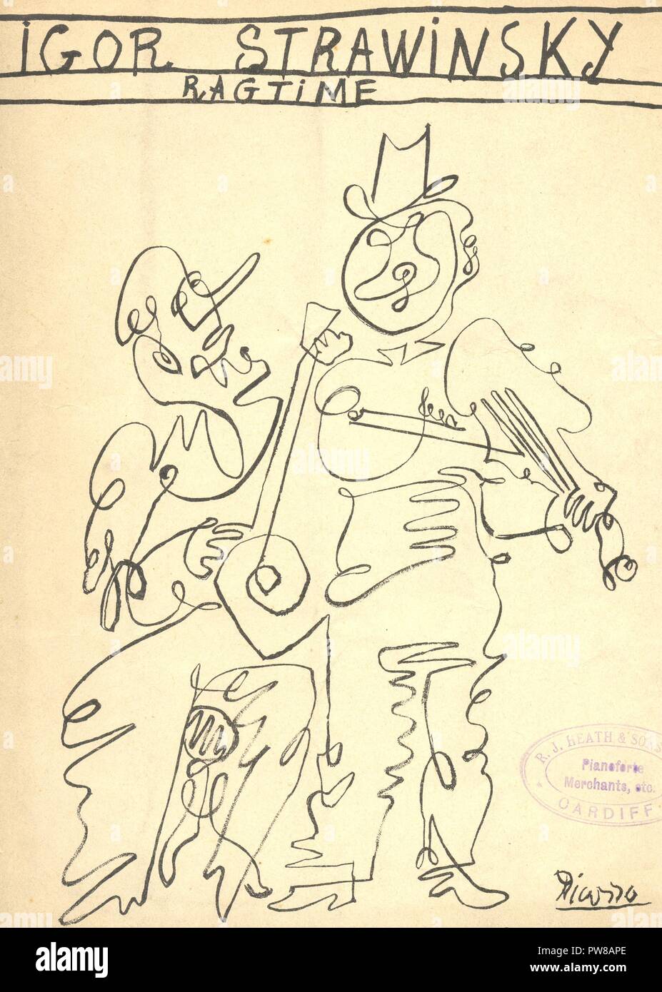 Sheet music cover for Igor Strawinsky (sic) Ragtime illustrated with sketch  of two players by Picasso 1919 Stock Photo