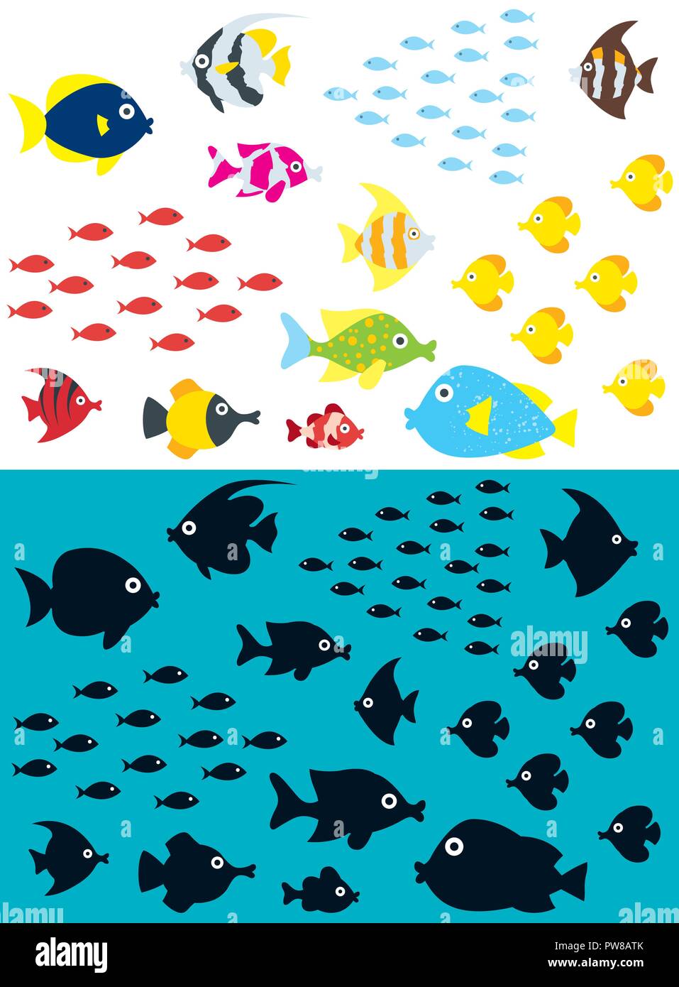 Set of cartoon fish, including silhouettes. Stock Vector