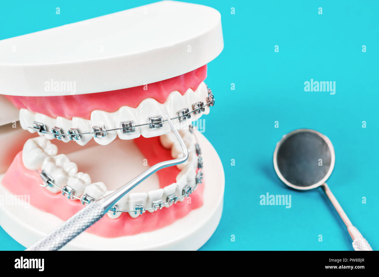 tooth model with metal wire dental braces and mirror dental equipment ...
