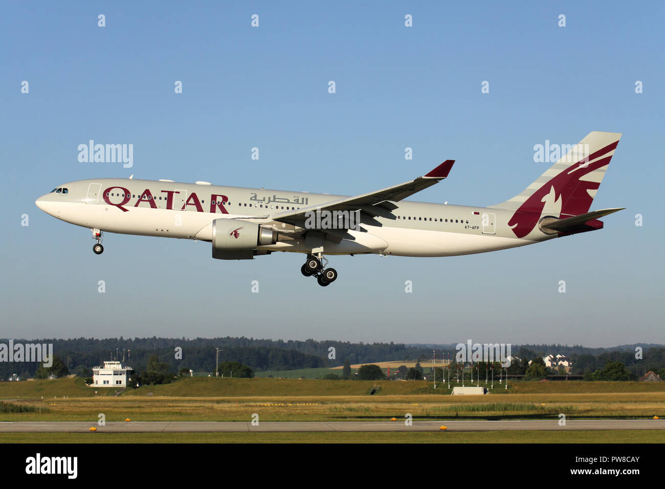 Qatar Airways Airbus A330-200 with registration A7-AFP on short final for runway 14 of Zurich Airport. Stock Photo