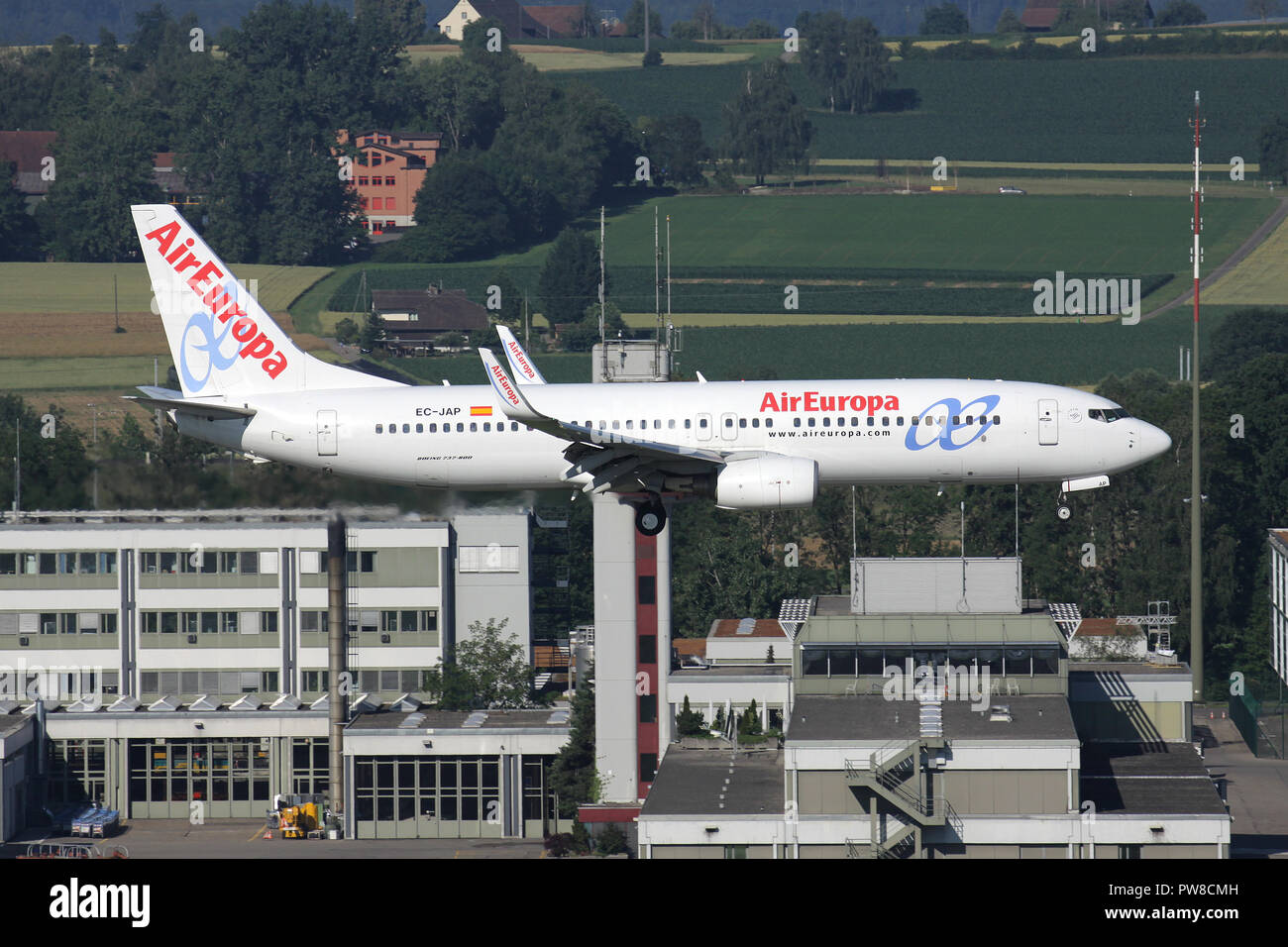 Spanish Air Europa Boeing 737-800 with registration EC-JAP on short final for runway 34 of Zurich Airport. Stock Photo