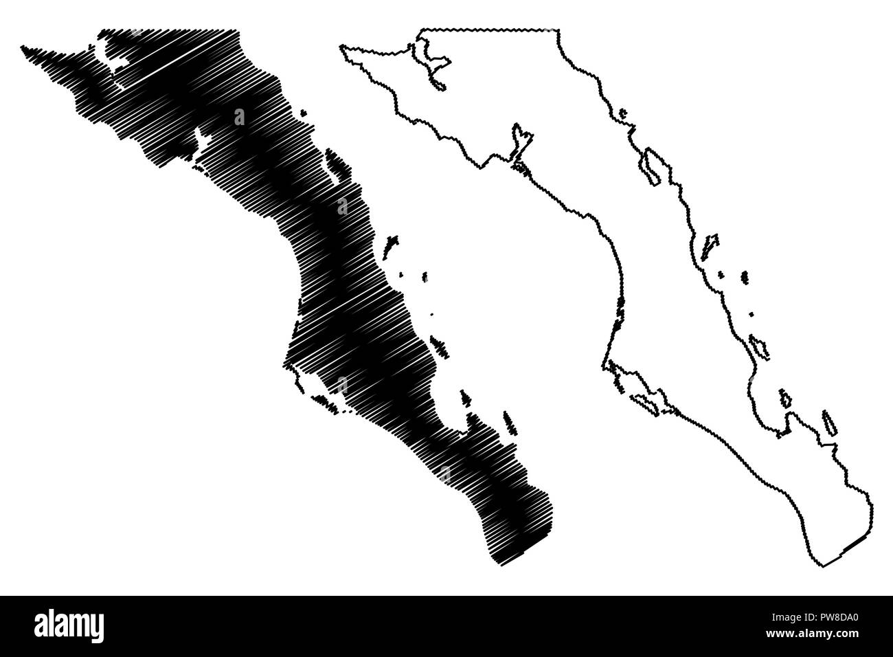 Baja California Sur (United Mexican States, Mexico, federal republic) map vector illustration, scribble sketch Estado Libre y Soberano de Baja Califor Stock Vector