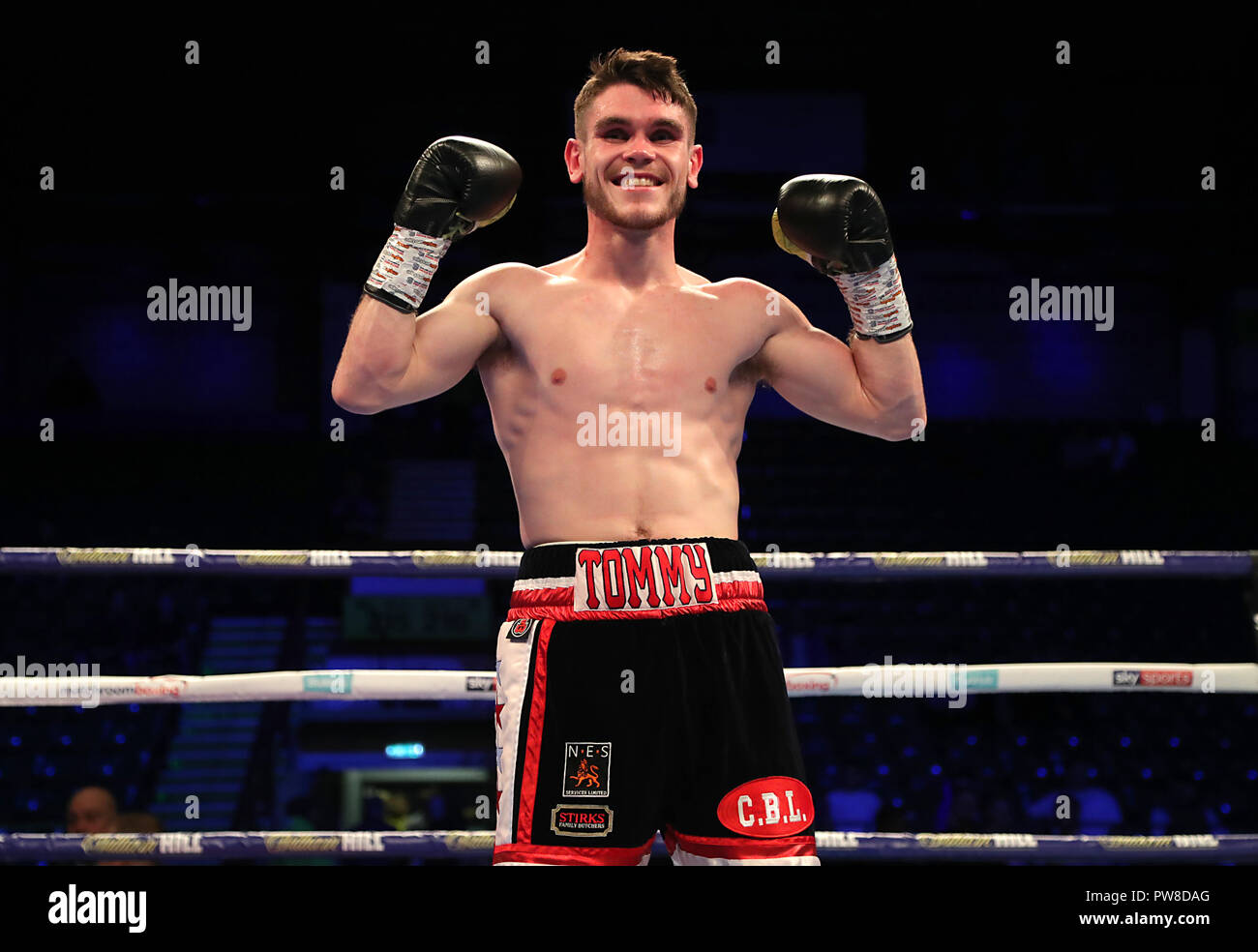 Thomas Ward celebrates beating Tom Tran in the Super-Bantamweight contest at Metro Radio Arena, Newcastle. Stock Photo