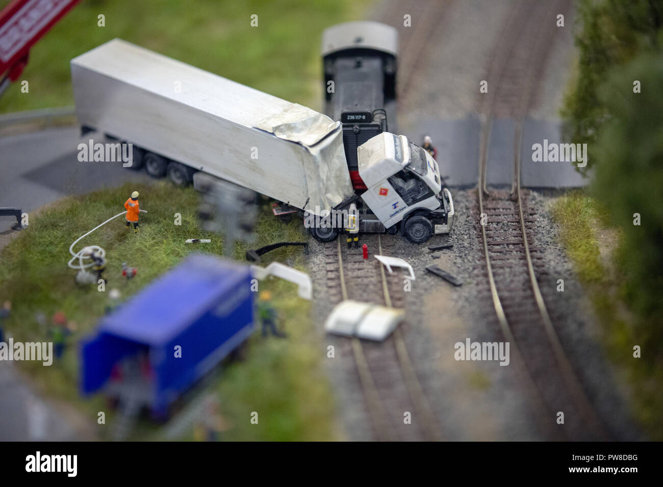 Accident of the truck and a train on the crossroad Stock Photo