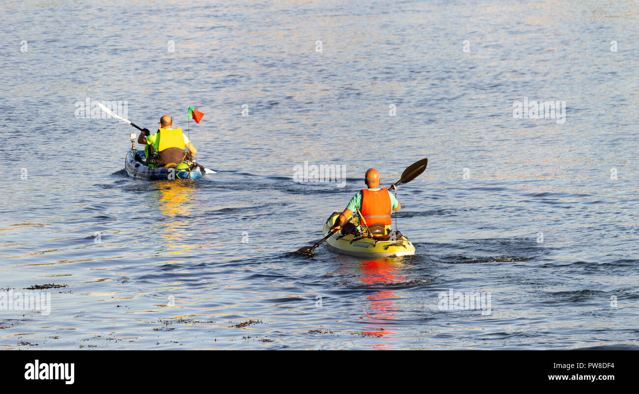 Back view of two kayakers row on a river with a portuguese flag. Stock Photo