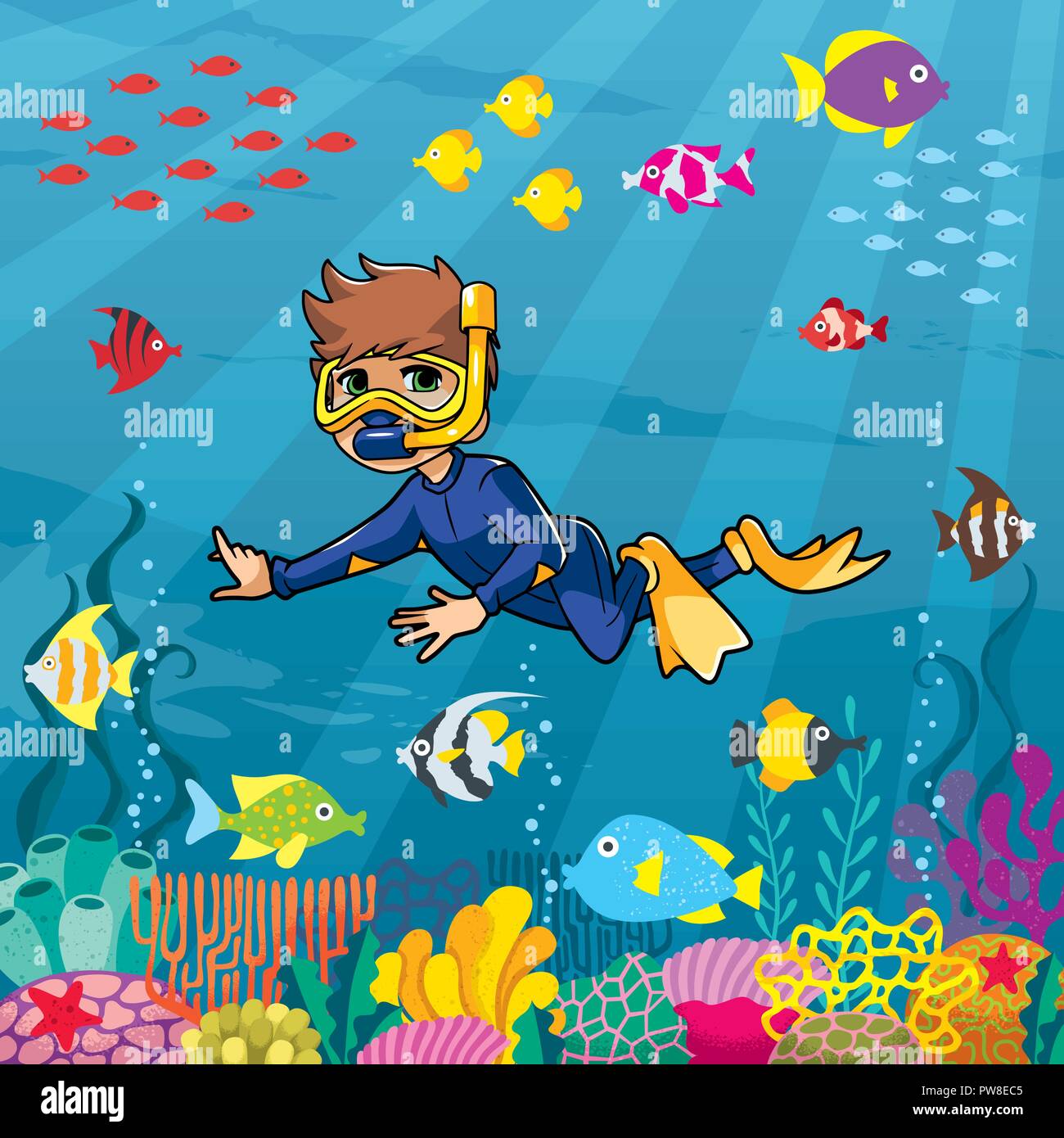 Cartoon Illustration Boy Snorkeling Mask High Resolution Stock Photography And Images Alamy
