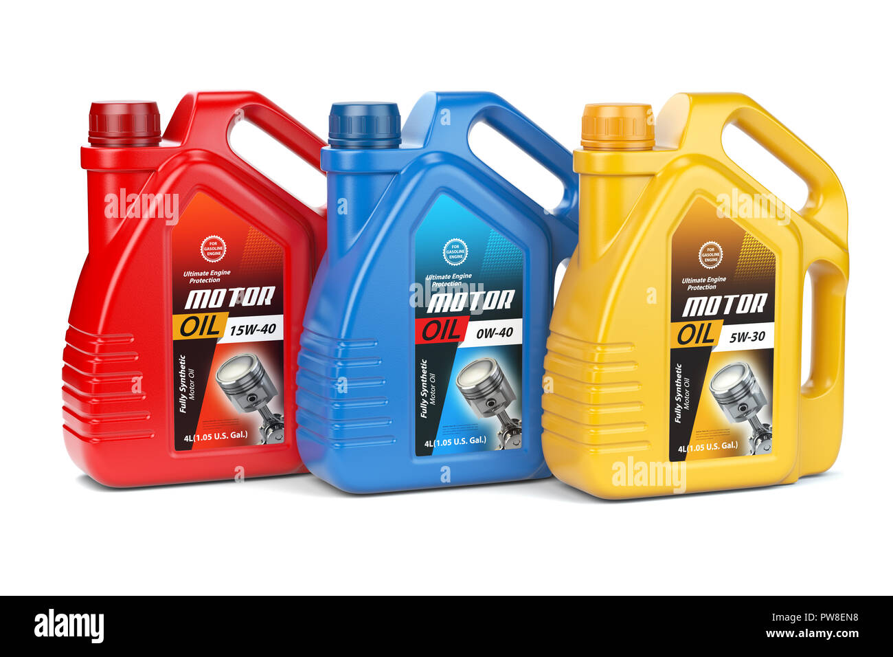 Motor oil canisters with different types of motor oil on white isolated