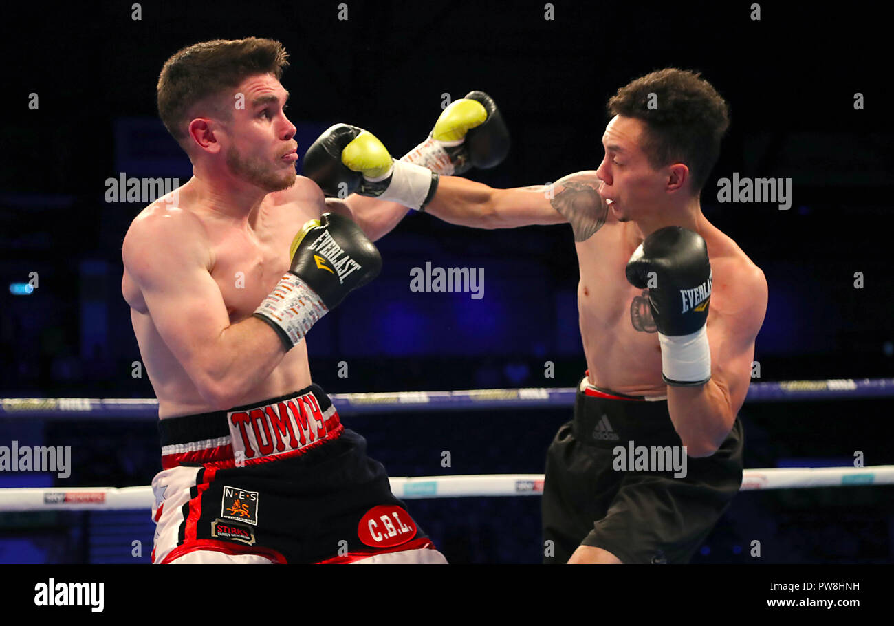 Thomas Ward (left) and Tom Tran compete in the Super-Bantamweight contest at Metro Radio Arena, Newcastle. Stock Photo