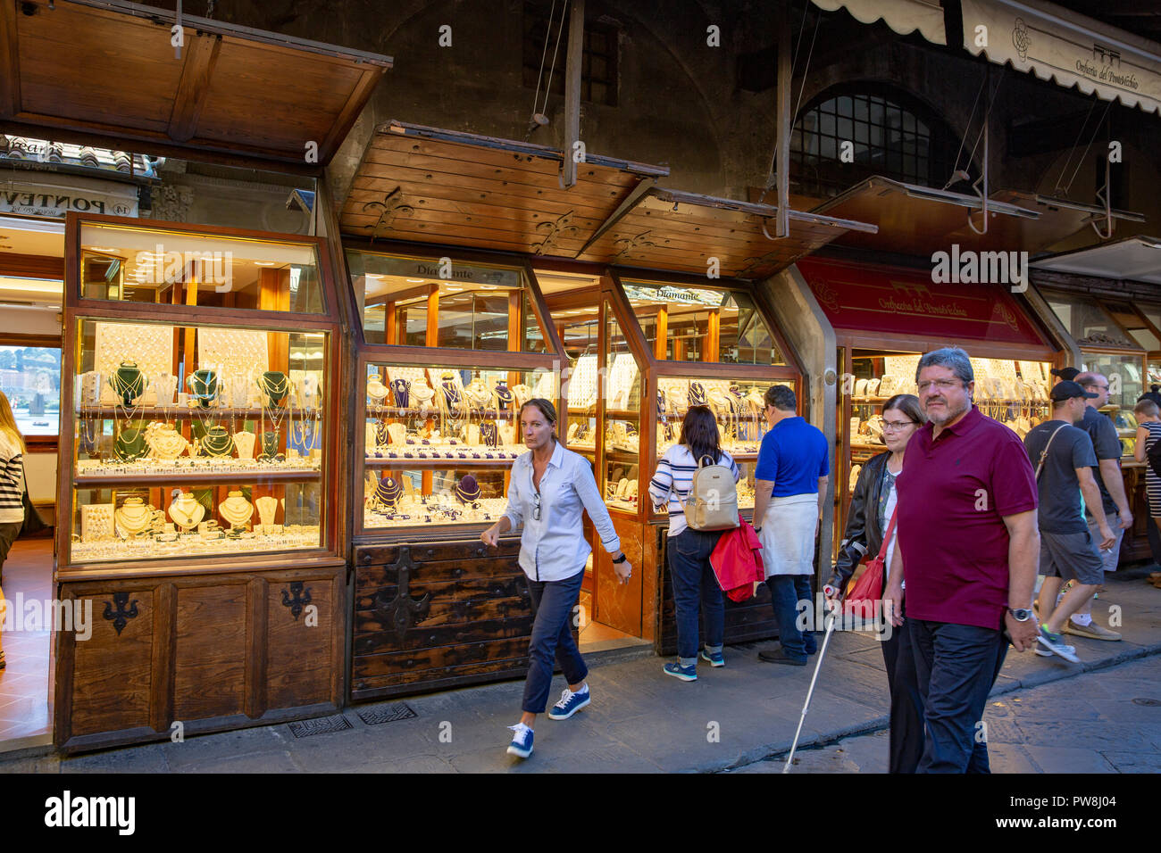 Jewellery stores and goldsmith shops on the Ponte Vecchio famous bridge in Florence city centre