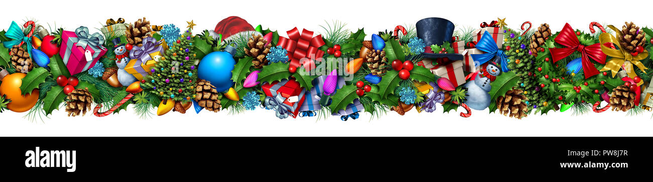Christmas decoration horizontal banner border with vintage decorative festive winter season ornaments and pine branches. Stock Photo