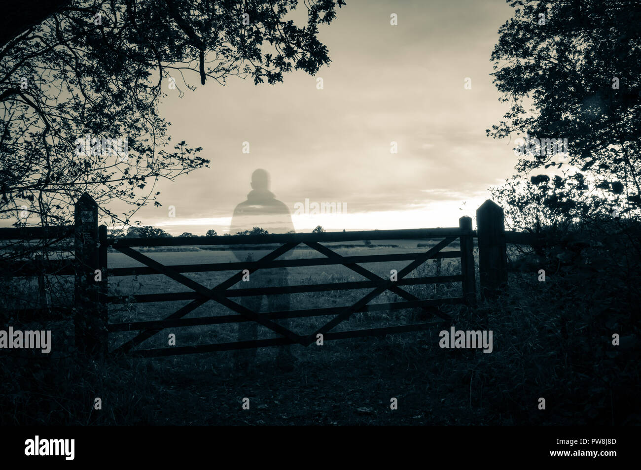 A ghostly transparent figure standing by a gate looking out on countryside. With a grunge vintage duo toned edit Stock Photo