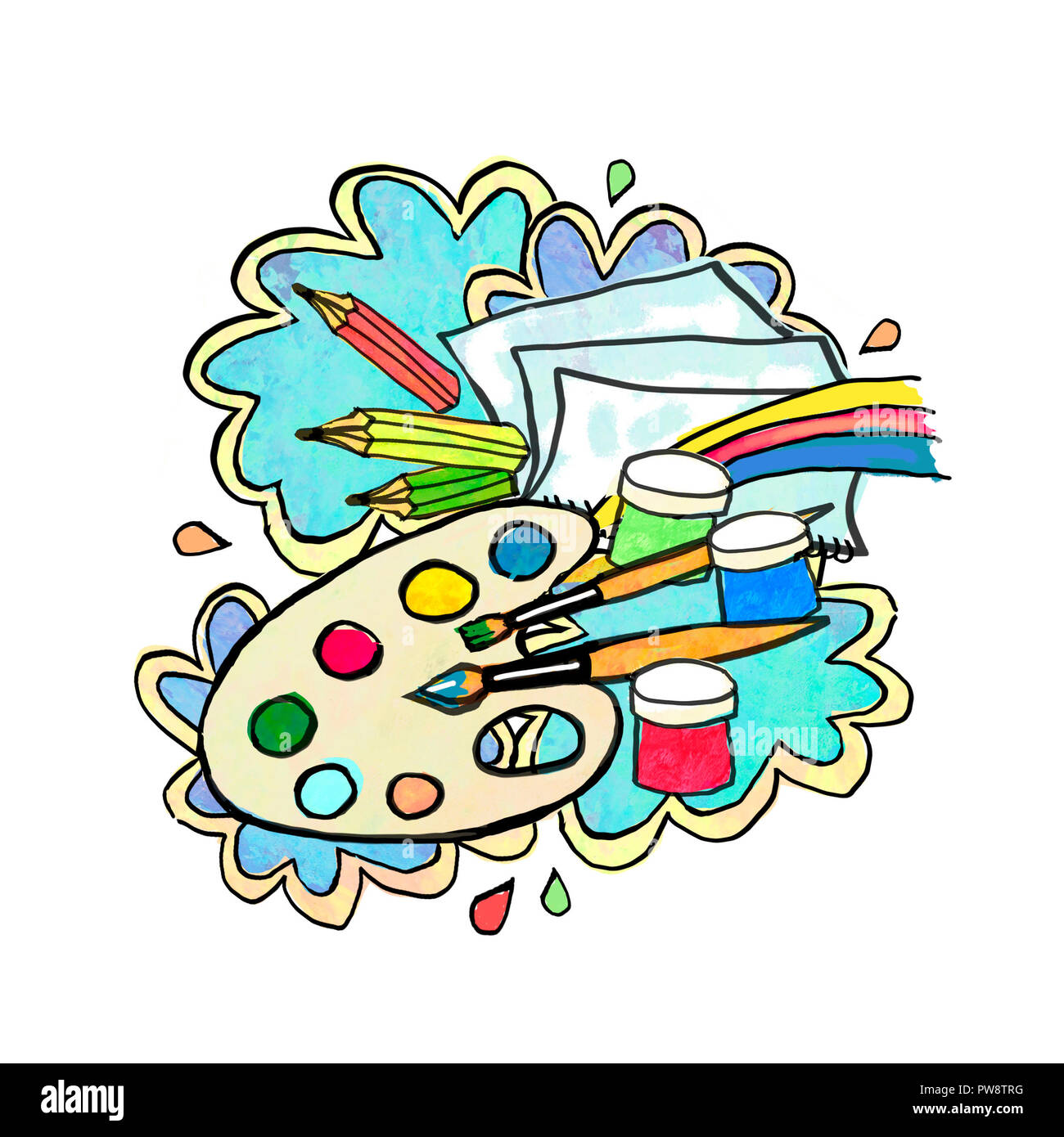 Hand-drawn cartoon collage of art tools - paint, palette, brushes, pencils,  paper. Funny art. Isolated composition on a white background. Illustration  Stock Photo - Alamy
