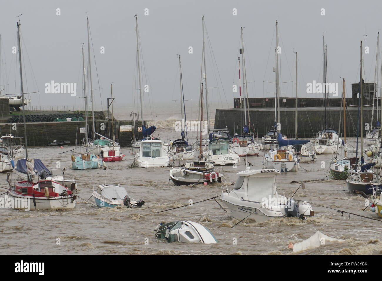 Aberaeron, UK. 13th October 2018. A scene of devastation in Aberaeron Harbour on the West Wales coast this afternoon as heavy rain and high Winds from storm Callum continue to cause mayhem. Flood water from the river Aeron carrying trees and large branches crash into boats moored there damage to many and totally sinking others. Credit: Anthony Pugh/Alamy Live News Stock Photo