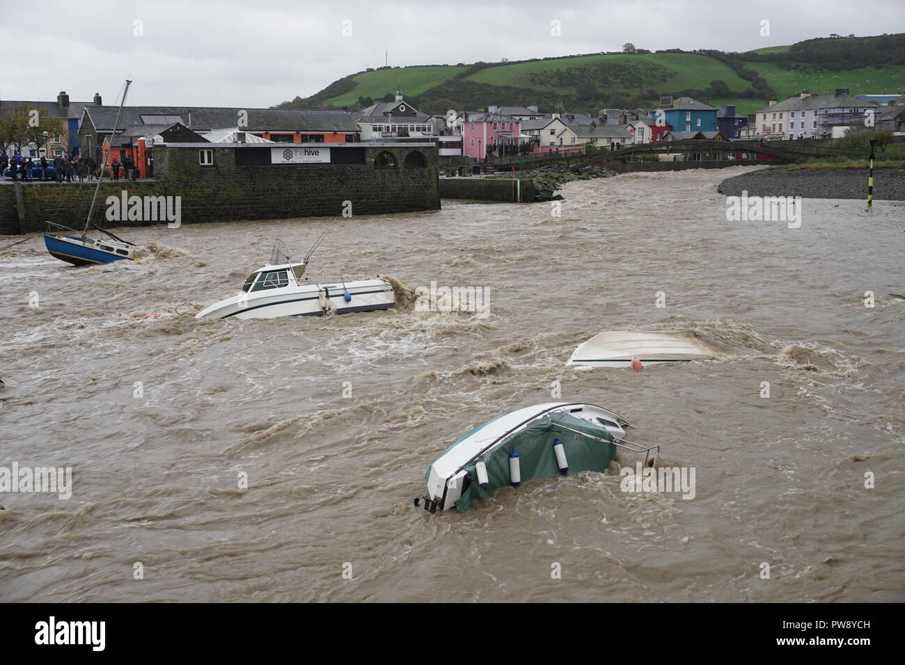 Aberaeron, UK. 13th October 2018. A scene of devastation in Aberaeron Harbour on the West Wales coast this afternoon as heavy rain and high Winds from storm Callum continue to cause mayhem. Flood water from the river Aeron carrying trees and large branches crash into boats moored there damage to many and totally sinking others. Credit: Anthony Pugh/Alamy Live News Stock Photo