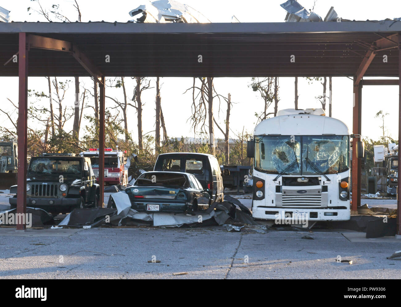Damage to military vehicles at Tyndall Air Force Base in the aftermath ...