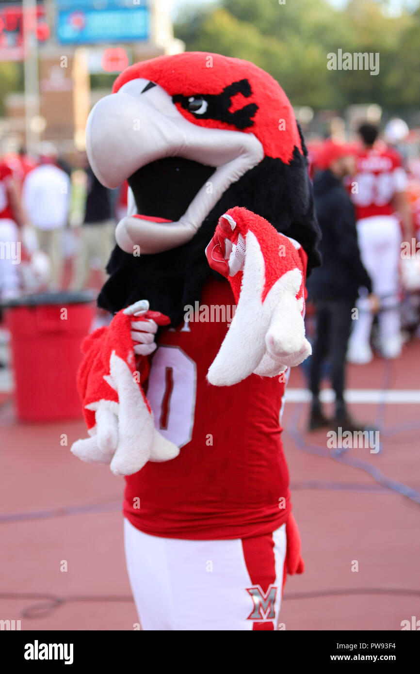 Oxford, Ohio, USA. 13th Oct, 2018. The Miami (Ohio) Redhawks mascot Swoop during an NCAA football game between the Miami Redhawks and the Kent State Golden Flashes at Yager Stadium in Oxford, Ohio. Kevin Schultz/CSM/Alamy Live News Stock Photo