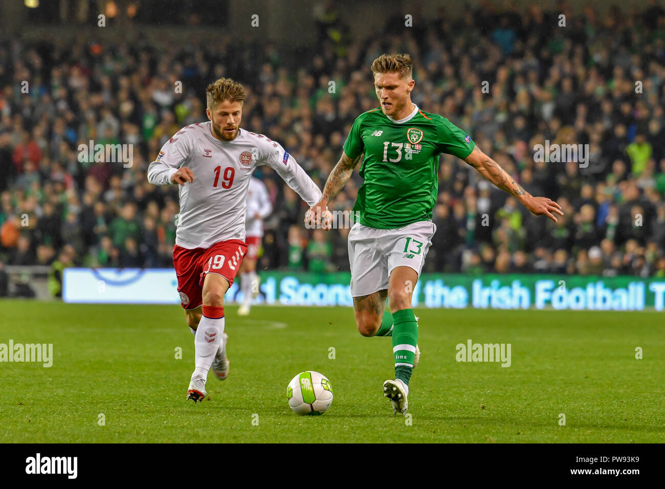 Dublin, Ireland. 13th Oct, 2018. Lasse Schone and Jeff Hendrick in action during the Rep of Ireland vs Denmark UEFA Nations League match at the Aviva Stadium. Score 0-0 Credit: Ben Ryan/SOPA Images/ZUMA Wire/Alamy Live News Stock Photo
