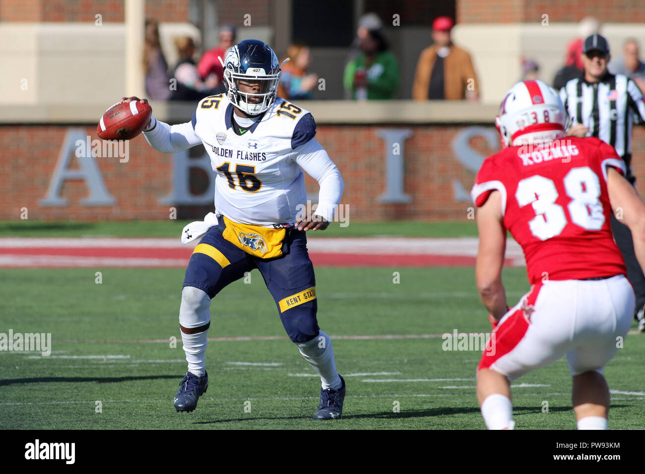 Oxford, Ohio, USA. 13th Oct, 2018. Kent State Golden Flashes QB Woody Barrett looks to throw during an NCAA football game between the Miami Redhawks and the Kent State Golden Flashes at Yager Stadium in Oxford, Ohio. Kevin Schultz/CSM/Alamy Live News Stock Photo