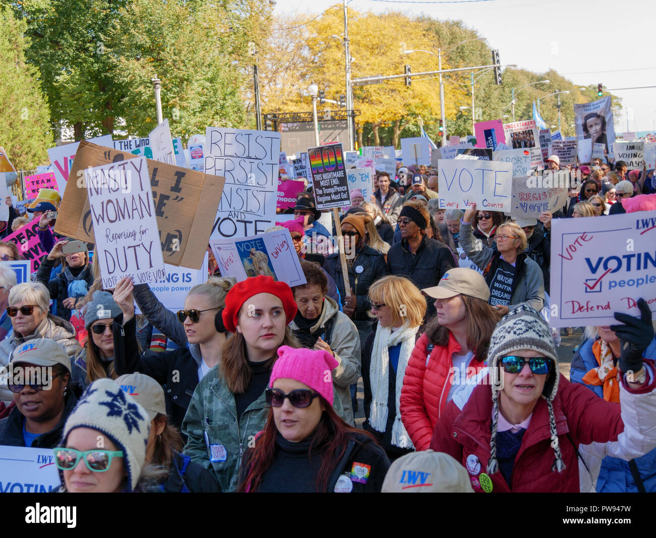 Chicago, Illinois, USA. 13th October 2018. Protesters march on Jackson Boulevard at today's women's rally and march. Credit: Todd Bannor/Alamy Live News Stock Photo