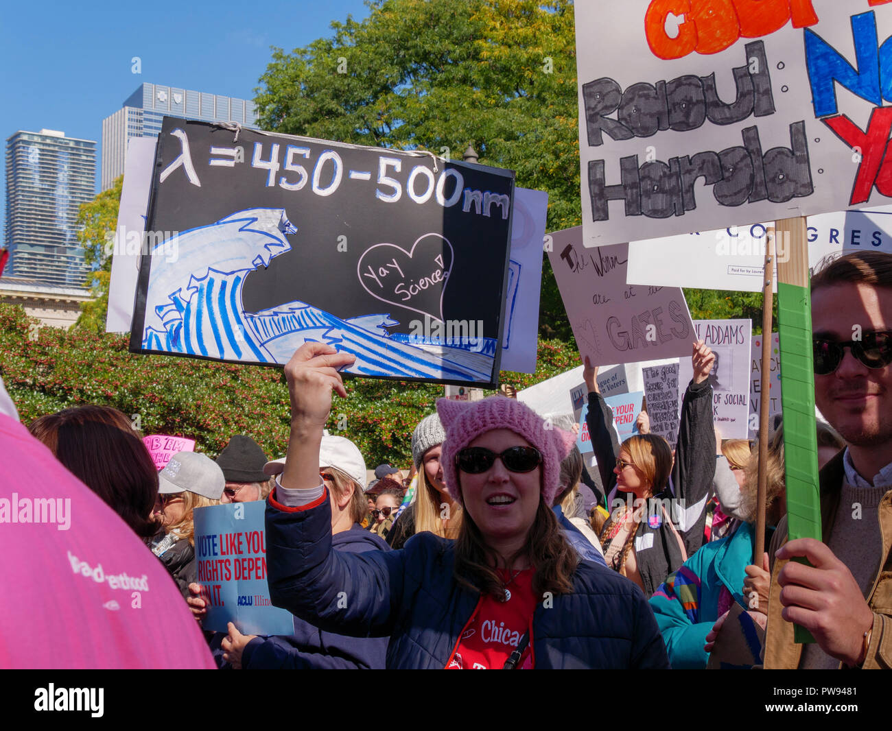 Chicago, Illinois, USA. 13th October 2018. A protester at today's woman's rally and march holds a science base sign predicting a blue wave in midterm elections this November. The formula shows th wavelengths of blue light, 450-500 nanometers. Credit: Todd Bannor/Alamy Live News Stock Photo