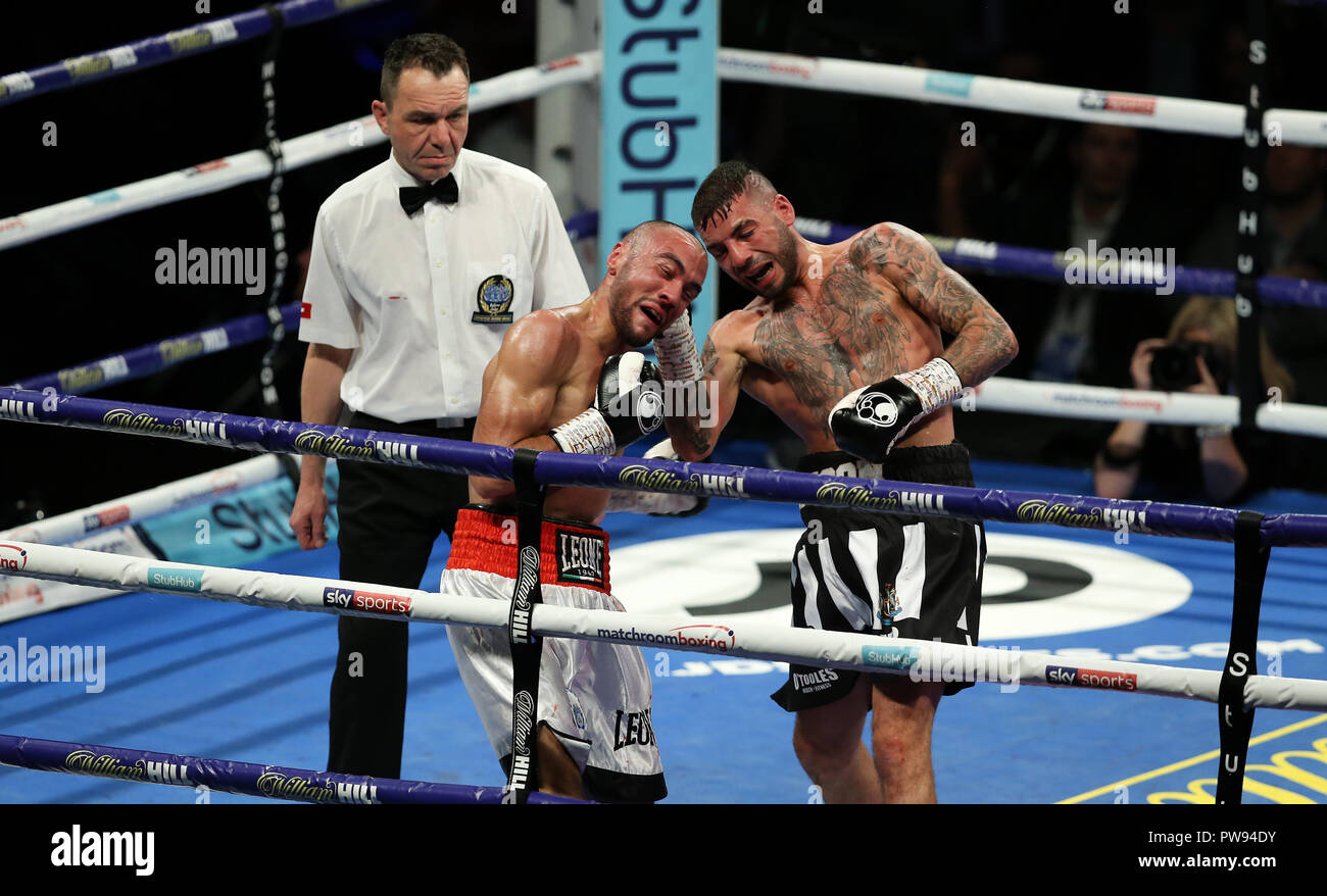 Metro Radio Arena, Newcastle, UK. Saturday 13th October 2018. Lewis Ritson lands a punch on Francesco Patera during a fight for the vacant EBU European Lightweight title. Stock Photo