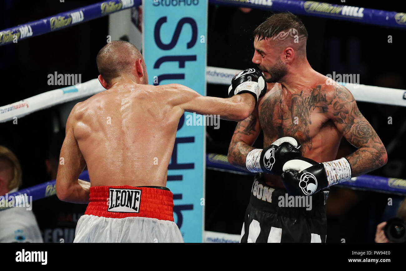 Metro Radio Arena, Newcastle, UK. Saturday 13th October 2018. Francesco Patera lands a punch on his way to victory over Lewis Ritson to win the vacant EBU European Lightweight title. Stock Photo