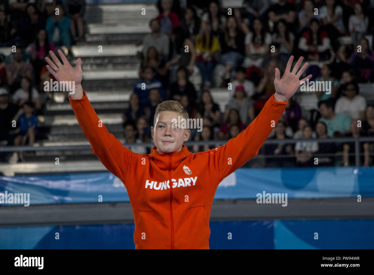 Buenos Aires, Buenos Aires, Argentina. 13th Oct, 2018. The Hungarian gymnast Balazs Krisztian of Male Artistic Gymnastics achieved the Silver Medal in the floor specialty of the 2018 Youth Olympic Games. Credit: Roberto Almeida Aveledo/ZUMA Wire/Alamy Live News Stock Photo