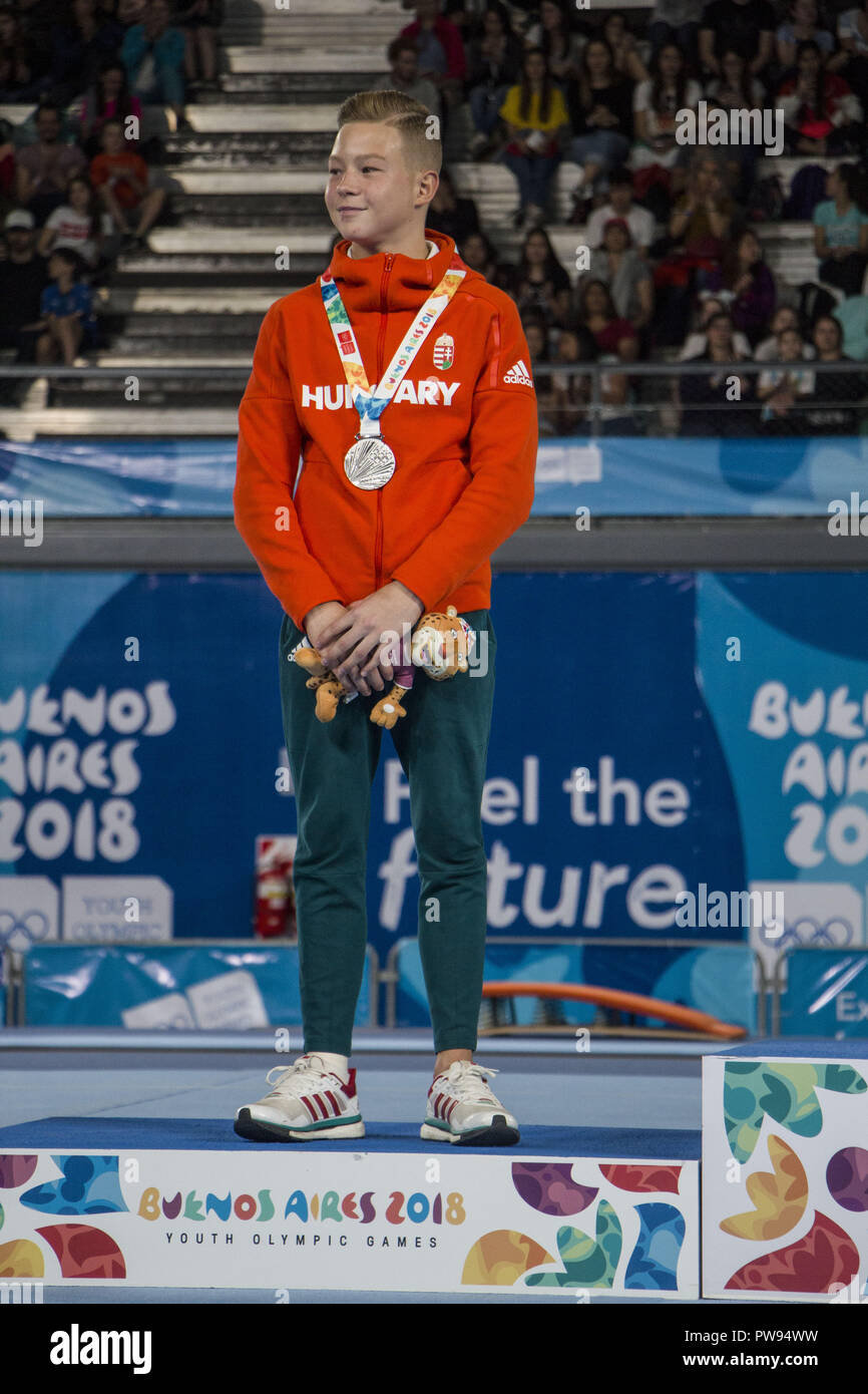 Buenos Aires, Buenos Aires, Argentina. 13th Oct, 2018. The Hungarian gymnast Balazs Krisztian of Male Artistic Gymnastics achieved the Silver Medal in the floor specialty of the 2018 Youth Olympic Games. Credit: Roberto Almeida Aveledo/ZUMA Wire/Alamy Live News Stock Photo