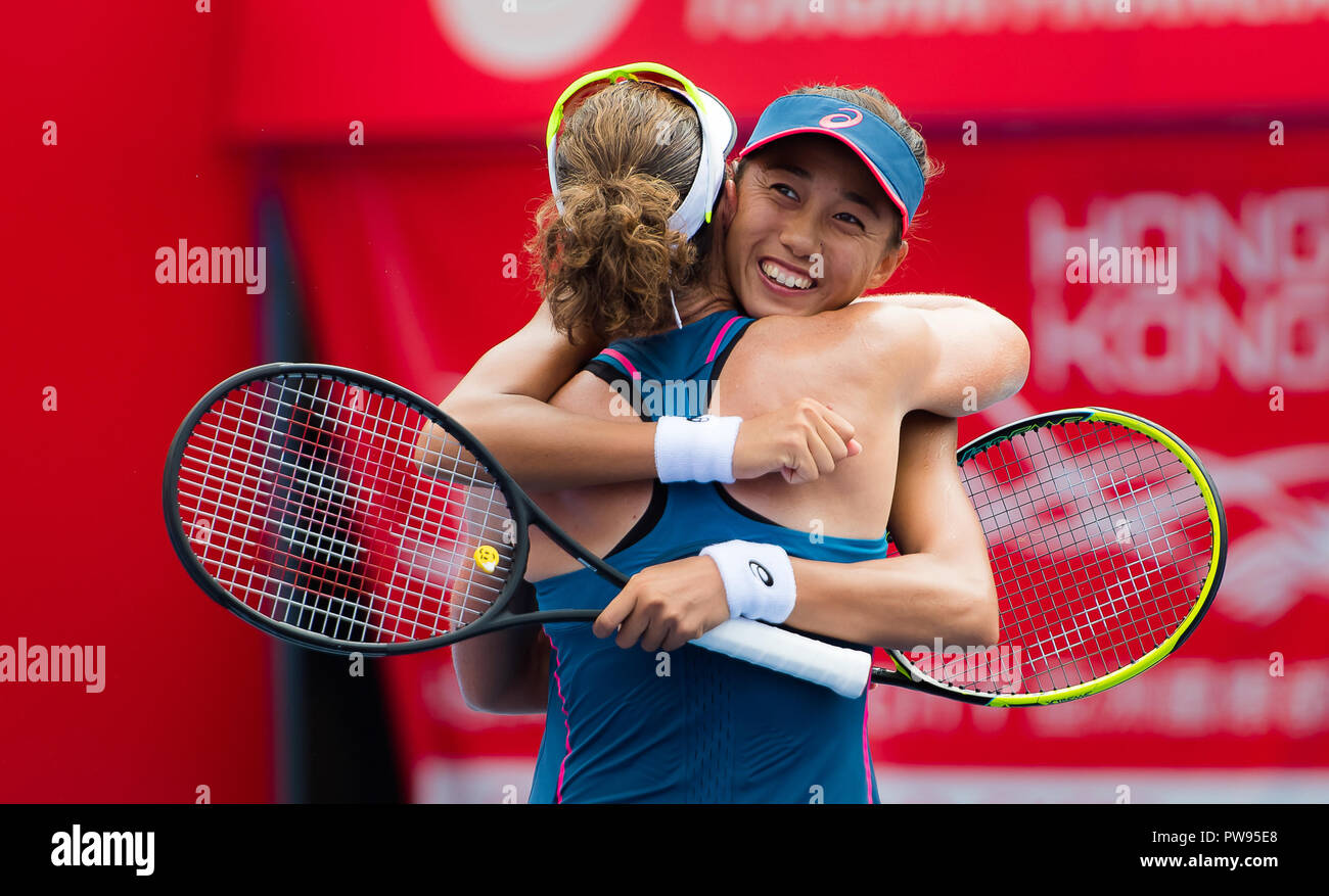 Hong Kong. October 14, 2018 - Shuai Zhang of China & Samantha Stosur of  Australia in action during the doubles final of the 2018 Prudential Hong  Kong Tennis Open WTA International tennis