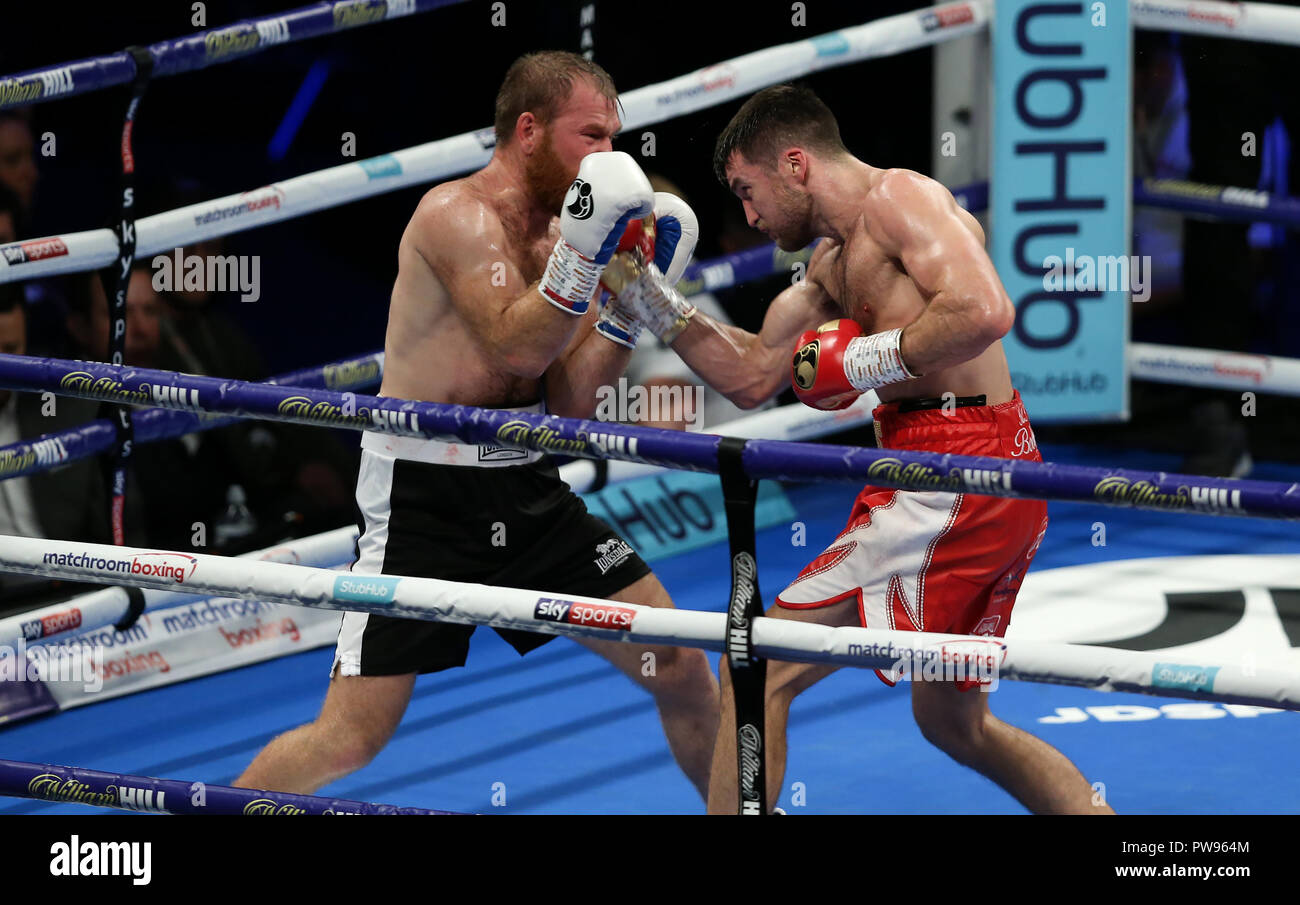 Metro Radio Arena, Newcastle, UK. Saturday 13th October 2018. Anthony Fowler lands a uppercut on Gabor Gorbics during the boxing fight at Metro Radio Arena, Newcastle, UK. Credit: UK Sports Agency/Alamy Live News Stock Photo