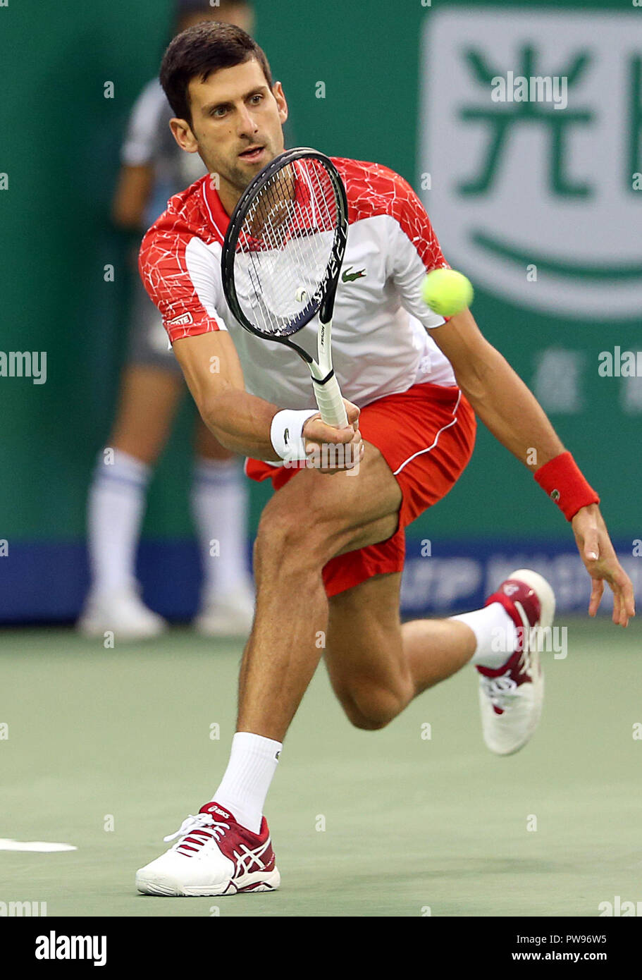 Shanghai, China. 14th Oct, 2018. Novak Djokovic of Serbia returns the ball  during the men's singles final match against Borna Coric of Croatia at 2018  ATP Shanghai Masters tennis tournament in Shanghai,