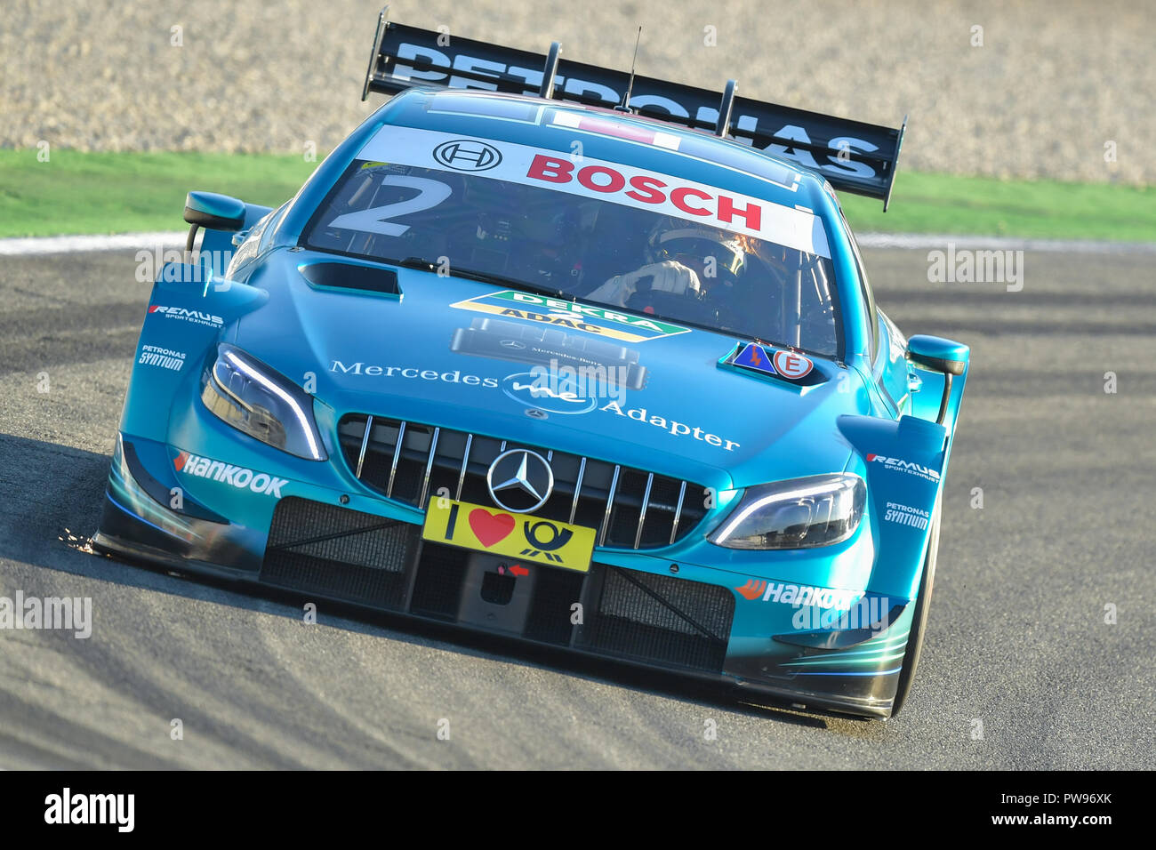 14 October 2018, Baden-Wuerttemberg, Hockenheim: Motorsport: German Touring Car Masters, Free Practice, at the Hockenheimring. DTM driver Gary Paffett from Great Britain from HWA AG in the Mercedes-AMG C 63 drives across the race track. Photo: Uwe Anspach/dpa Stock Photo