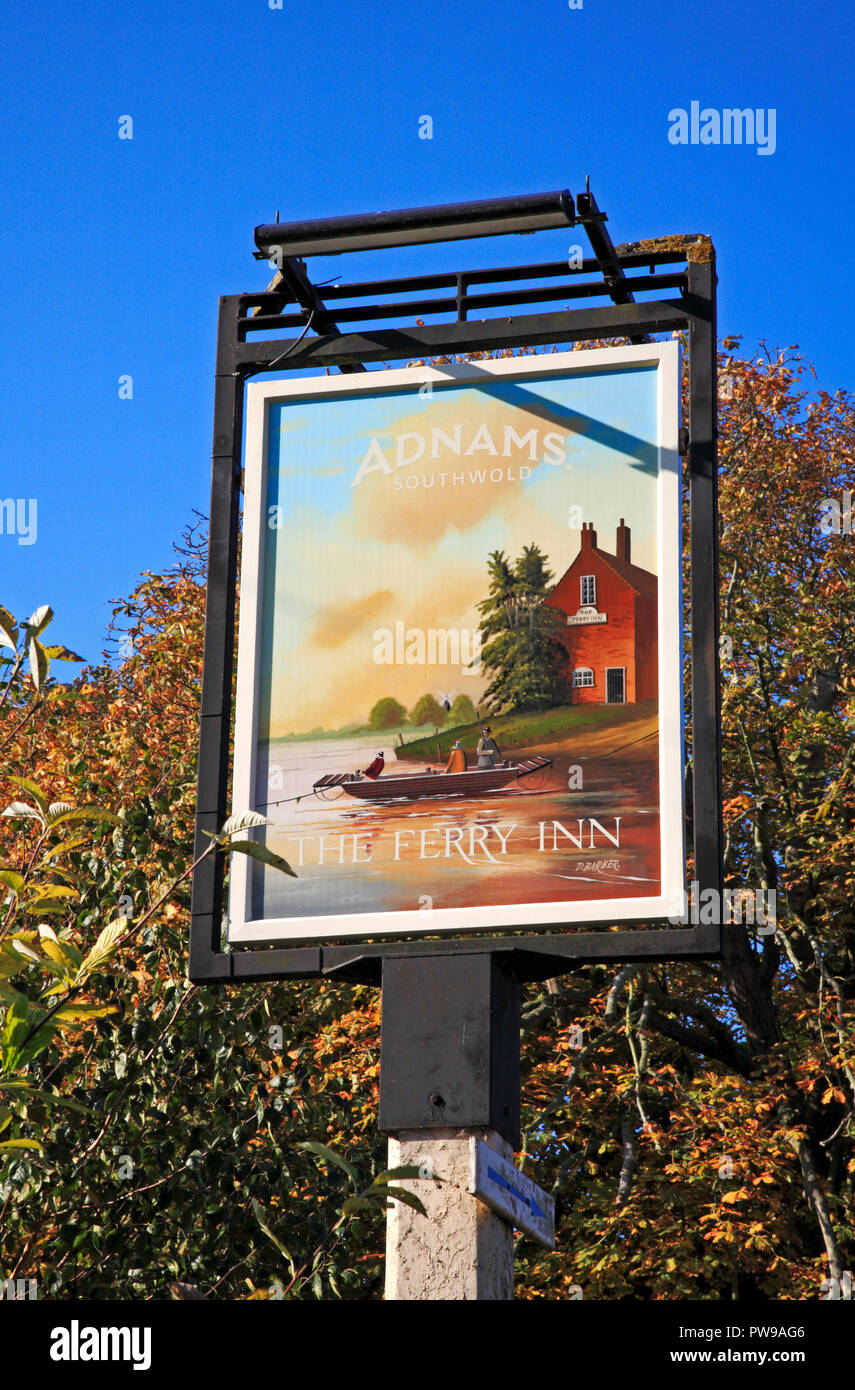 A roadside inn sign for The Ferry Inn on the Norfolk Broads at Stokesby, Norfolk, England, United Kingdom, Europe. Stock Photo