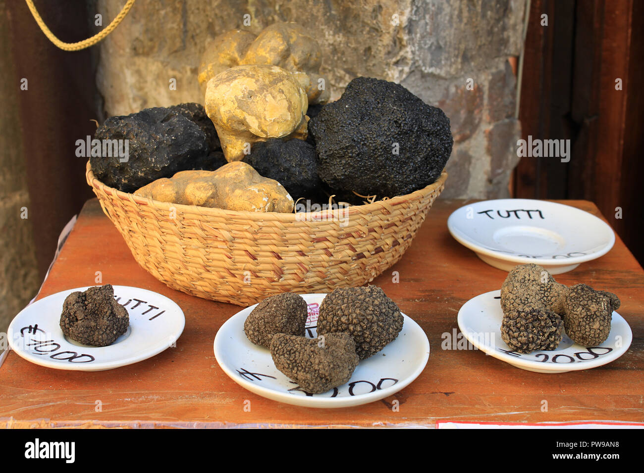 Various truffles on display in Umbria, Italy Stock Photo Alamy