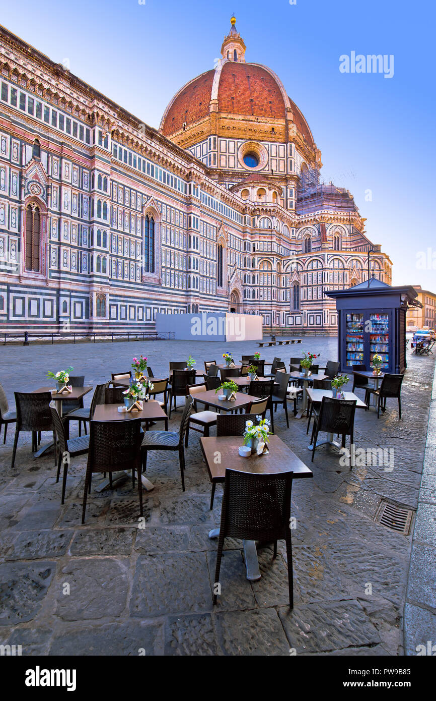 Cafe under Duomo on square in Florence, historic landmark in Tuscany refion of Italy Stock Photo
