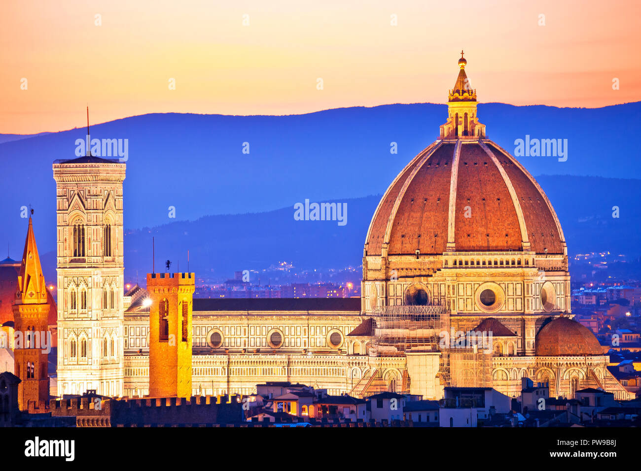 Florence Duomo aerial sunset view, Tuscany region of Italy Stock Photo