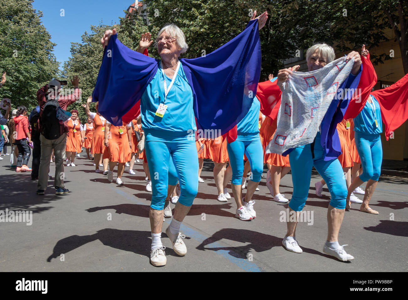 PRAGUE, CZECH REPUBLIC - JULY 1, 2018: Senior women parading at Sokolsky Slet, a once-every-six-years gathering of the Sokol movement - a Czech sports Stock Photo
