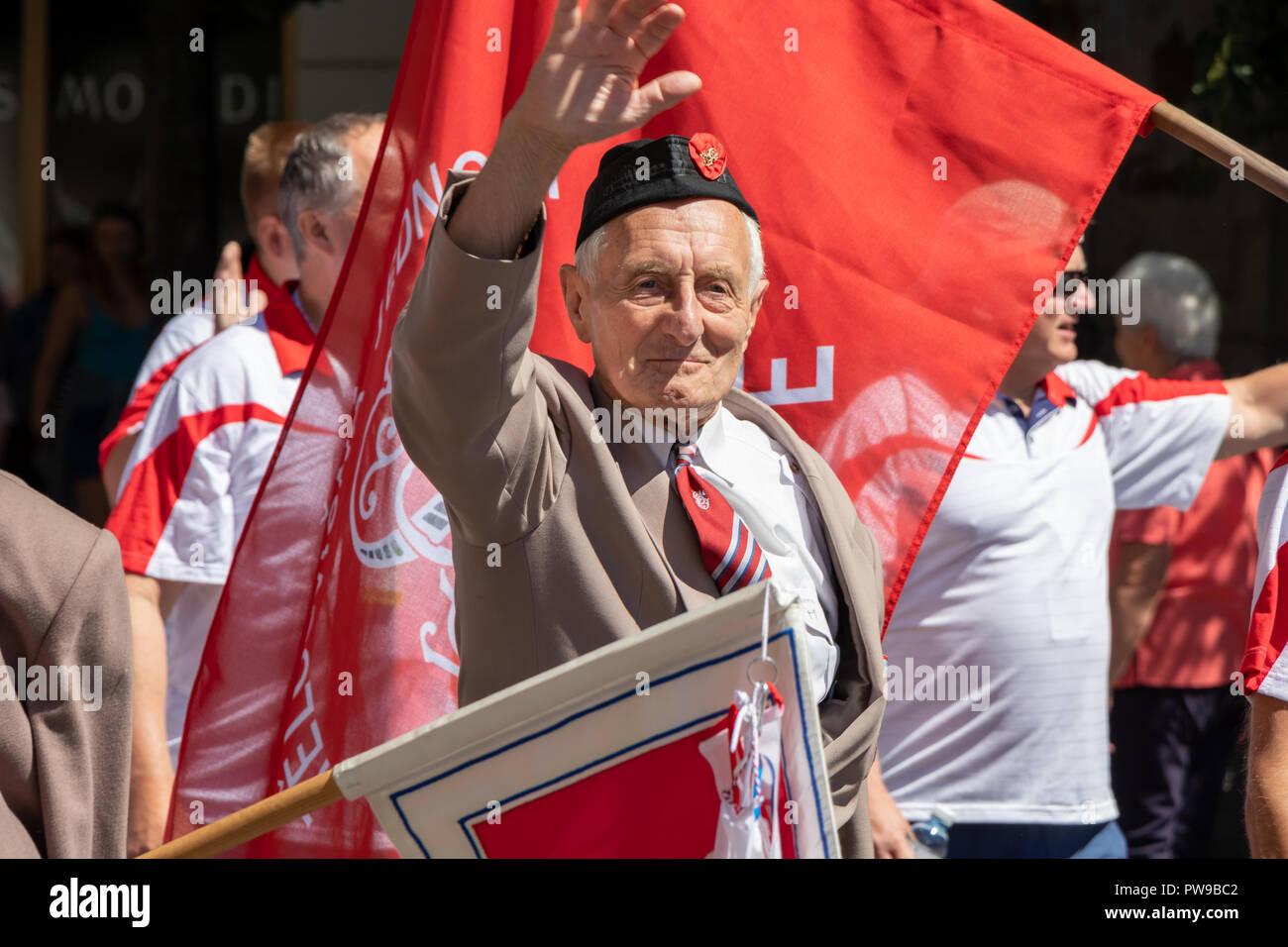 PRAGUE, CZECH REPUBLIC - JULY 1, 2018: Elderly man parading at Sokolsky Slet, a once-every-six-years gathering of the Sokol movement - a Czech sports  Stock Photo