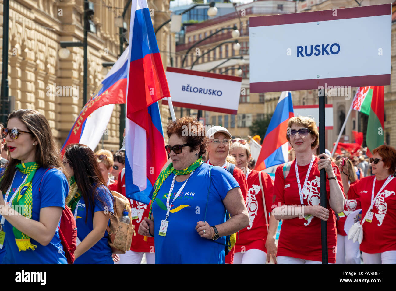 PRAGUE, CZECH REPUBLIC - JULY 1, 2018: Russian visitors parading at Sokolsky Slet, a once-every-six-years gathering of the Sokol movement - a Czech sp Stock Photo