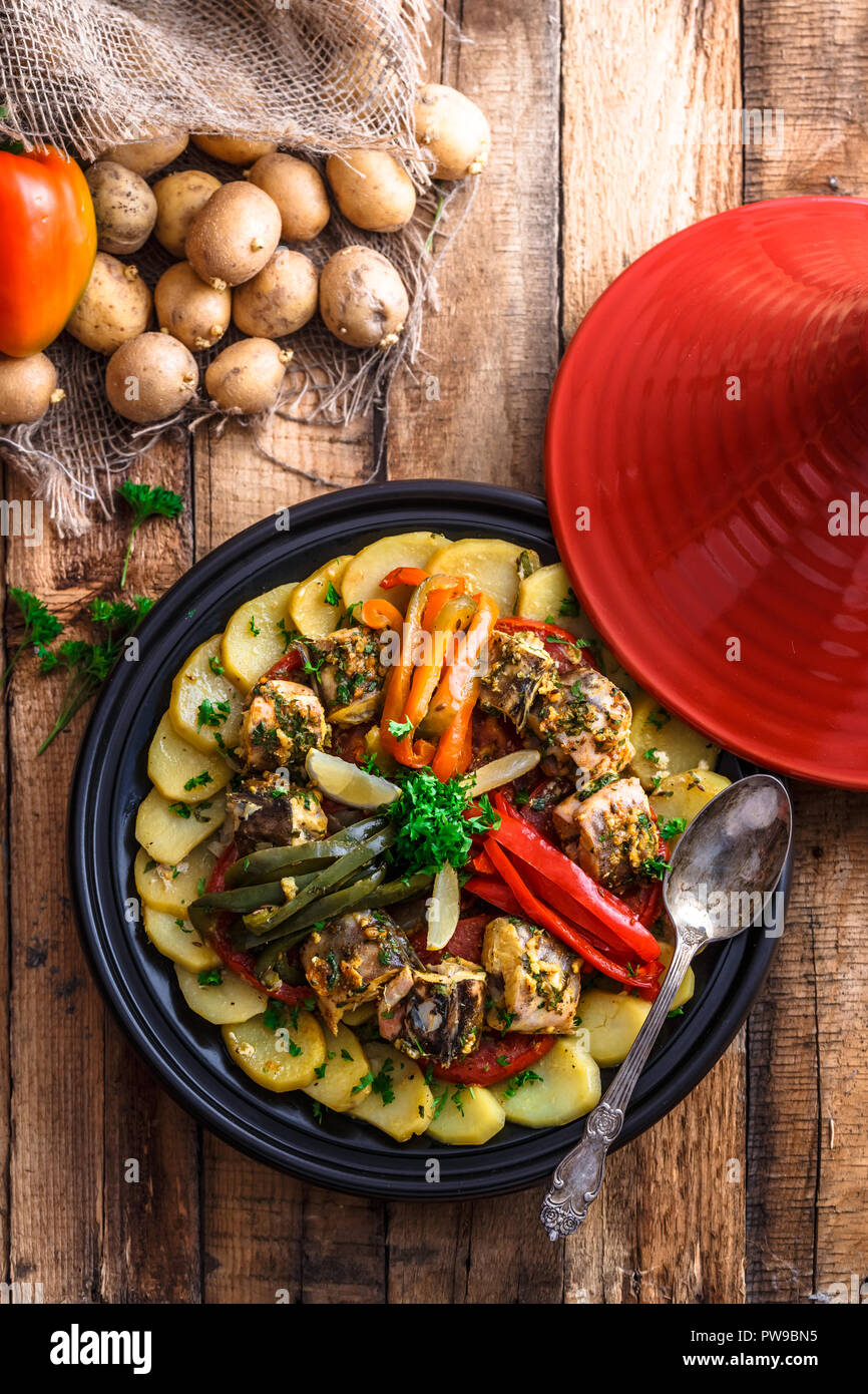 Chermoula fish tajine with bell peppers, moroccan cousine Stock Photo