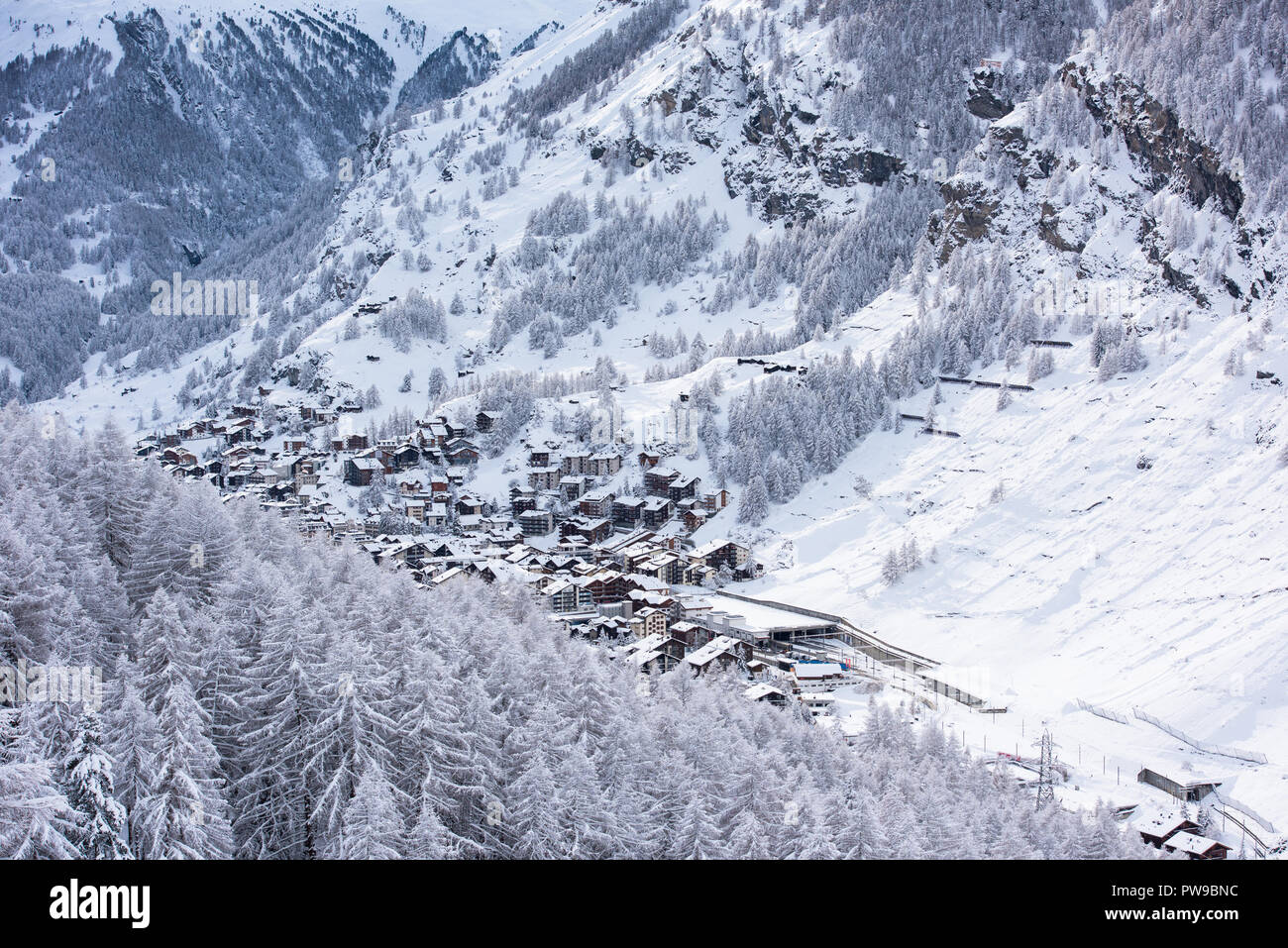 landscape of Zermatt valley and matterhorn peak with fresh snow in ...