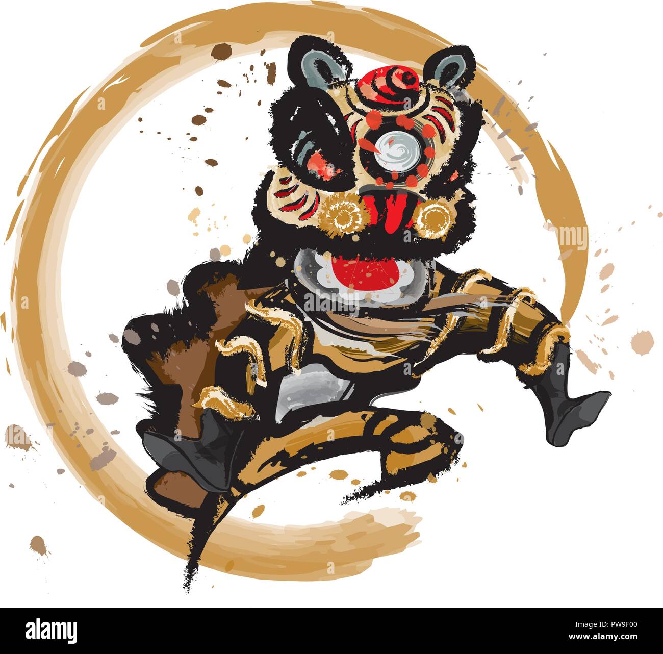 A jumping Chinese lion in various colors and presented in splashing ink drawing style. Stock Vector