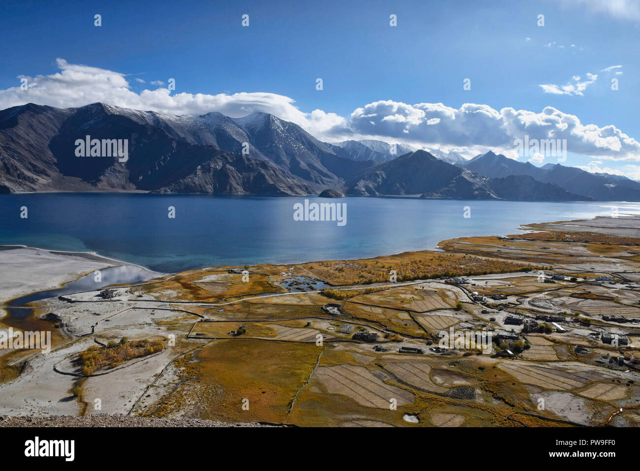 Meerak village and Pangong Lake in autumn color, Ladakh, India Stock Photo