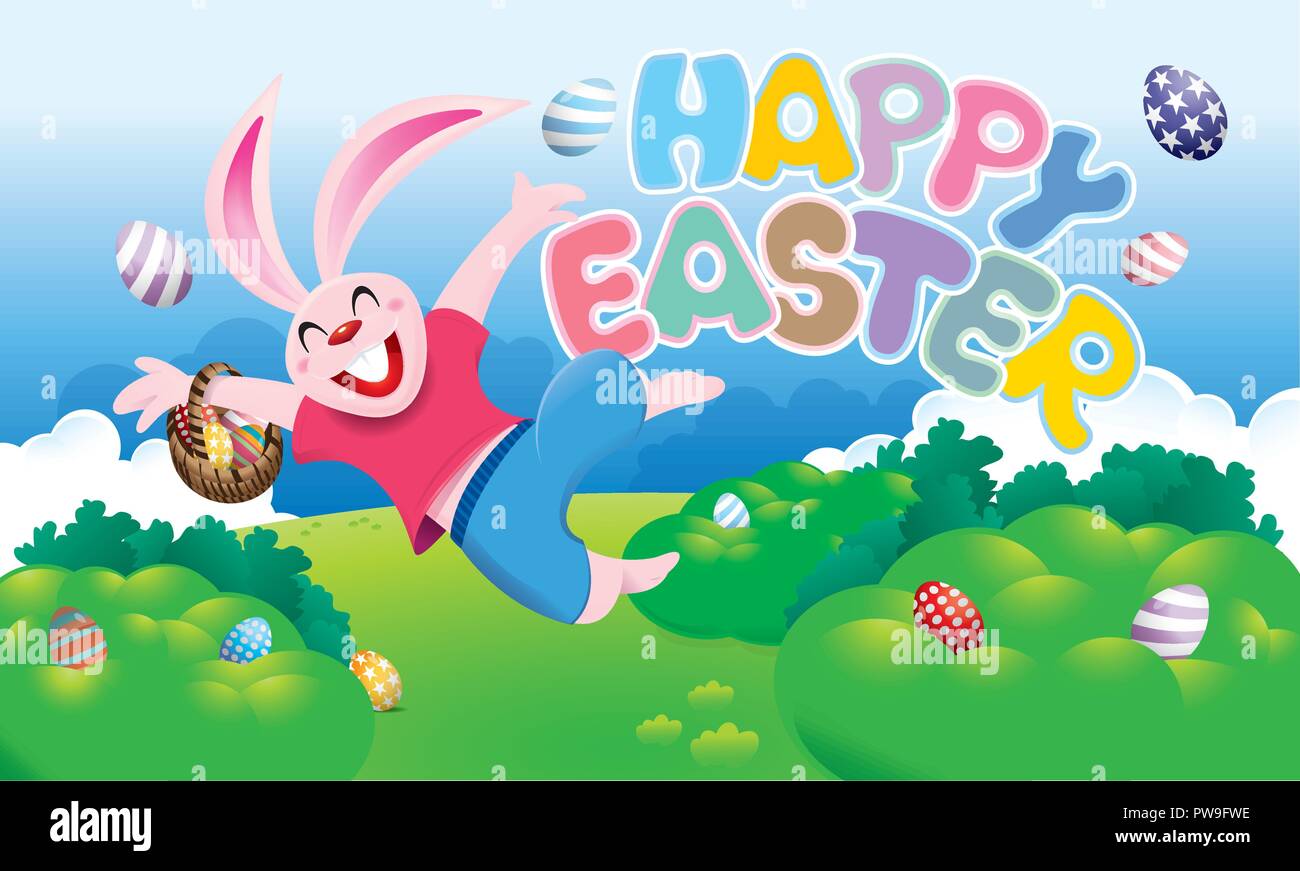 Easter day vector with a cute rabbit and Easter eggs. With spring scenery background. Stock Vector